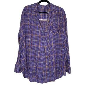 Free People Purple Break My Stride Plaid Button Up Oversized Flannel Top XS